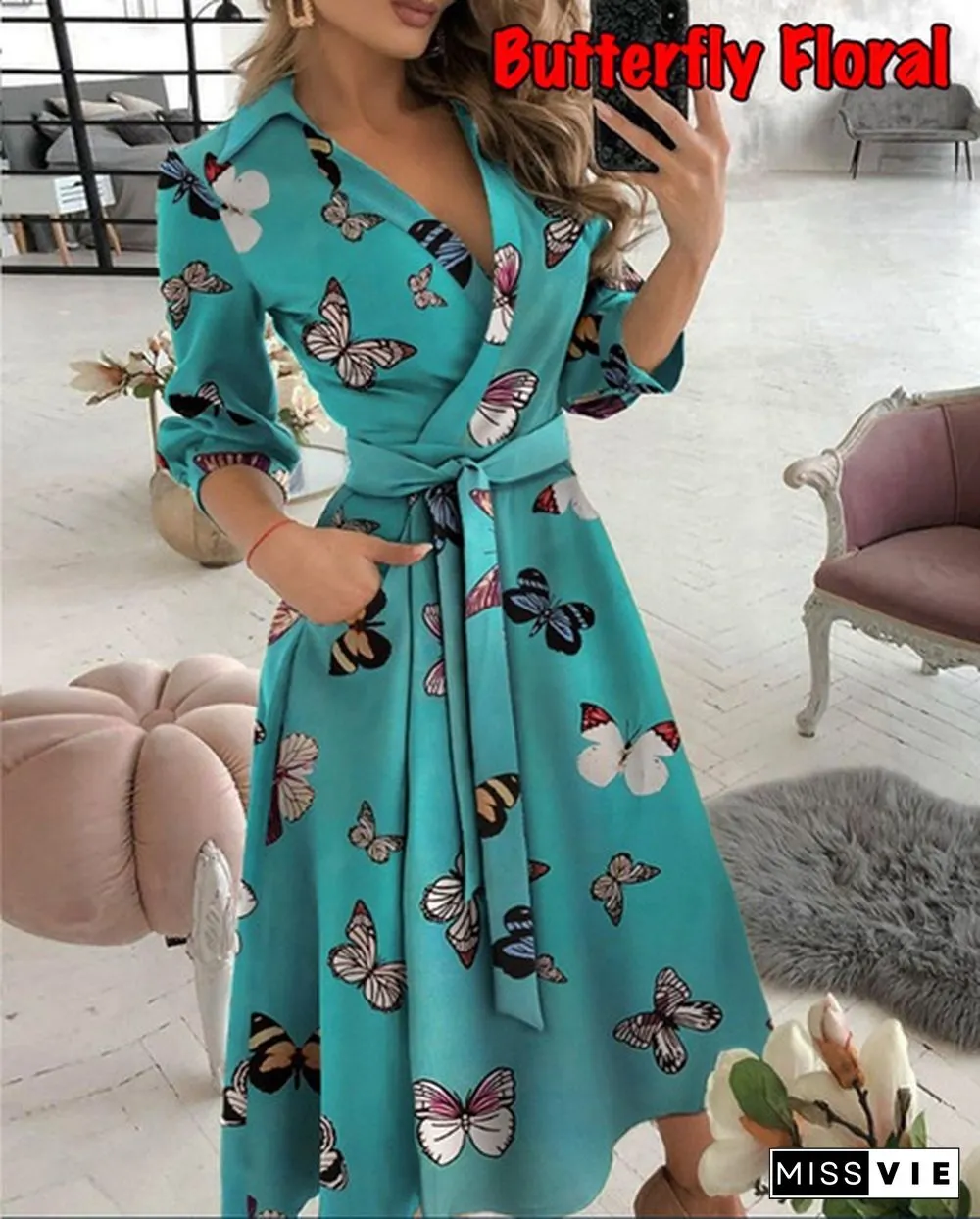 Fashion V-Neck Print Dress-SummerCasualBeltLacePartyLinePromLongSleeveLadiesTunic