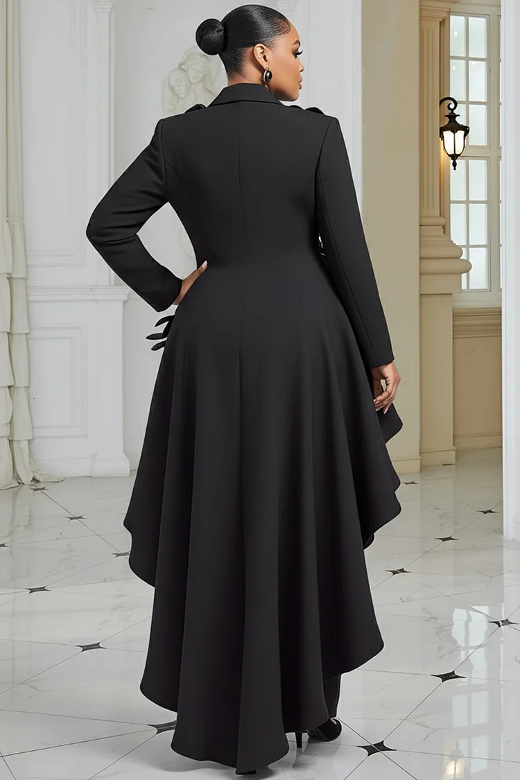 Xpluswear Design Plus Size Wedding Guest Black Lapel Collar Long Sleeve Asymmetric Hem Elegant 3D Two Piece Pant Suits [Pre-Order]