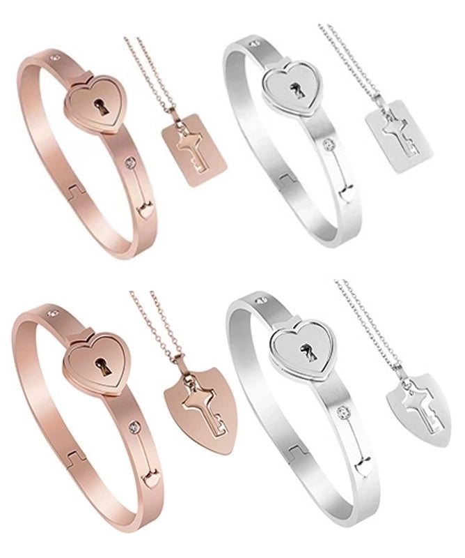 Titanium Steel Rose Gold Plated Elegant Minimalist Commute Hollow Out Inlay Heart Shape Key Lock Rhinestones Jewelry Set