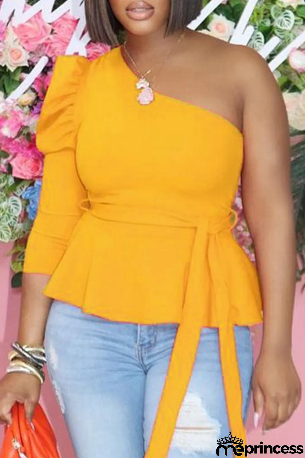 Yellow Fashion Casual Solid Backless Oblique Collar Tops