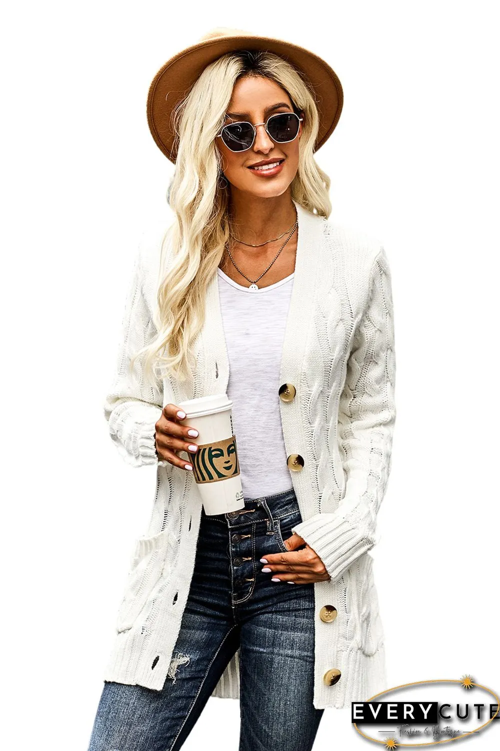 White Button Pocket Knit Cardigan