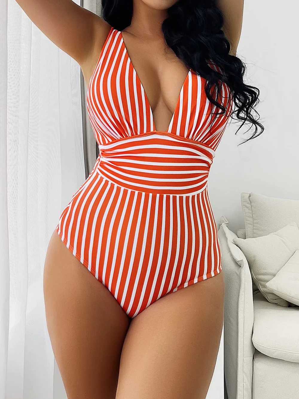 Mongw Mongw New One-Piece Big V-Neck Swimsuit Women's Striped Backless Swimsuit Women's Feel Swimsuit
