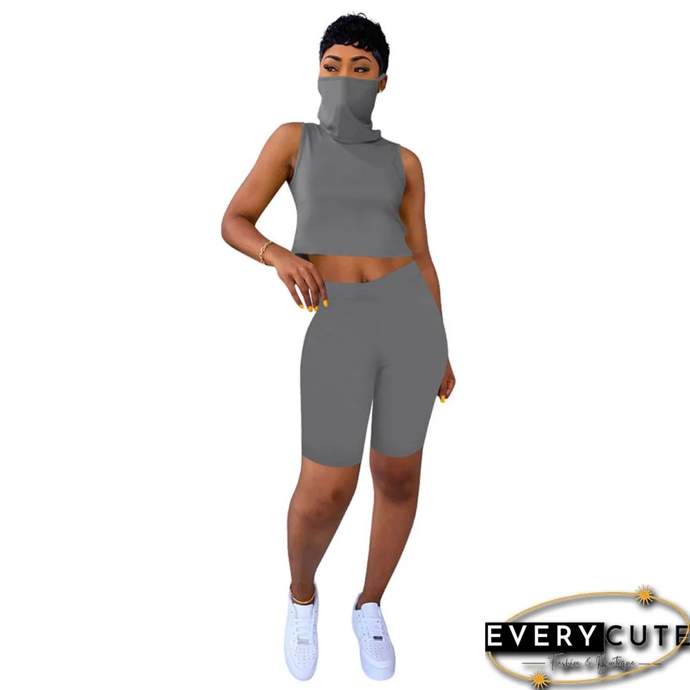 Dark Gray Sleeveless Tank Top Shorts Set with Mask