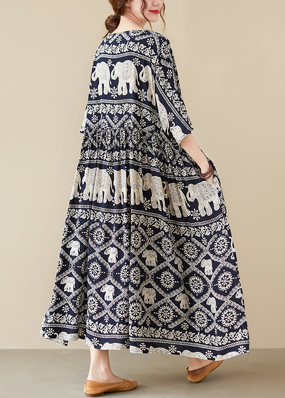 VCSHOES Loose Black O-Neck Print Maxi Dress Half Sleeve