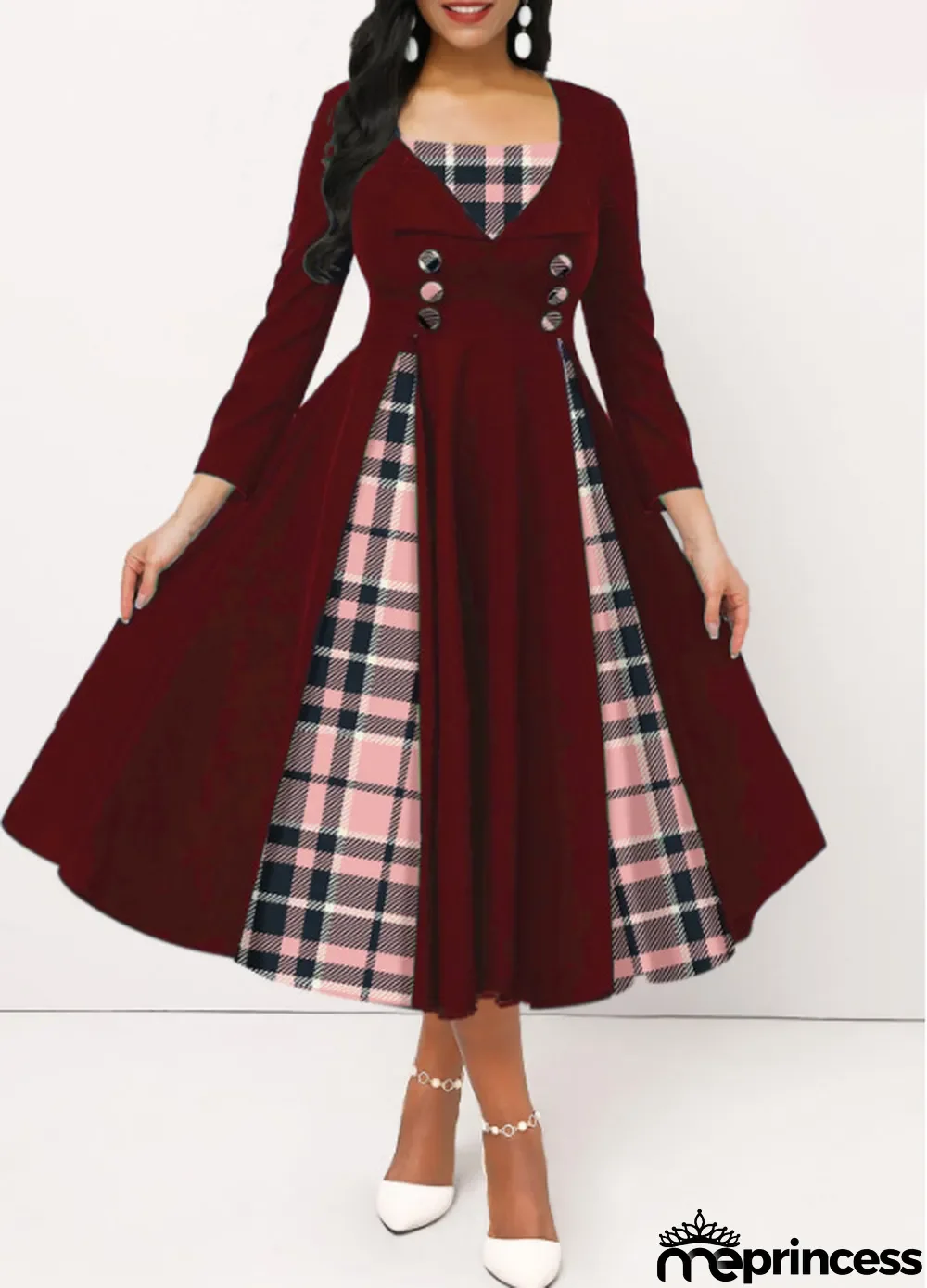 Women Contrast Plaid Long Sleeve Dress