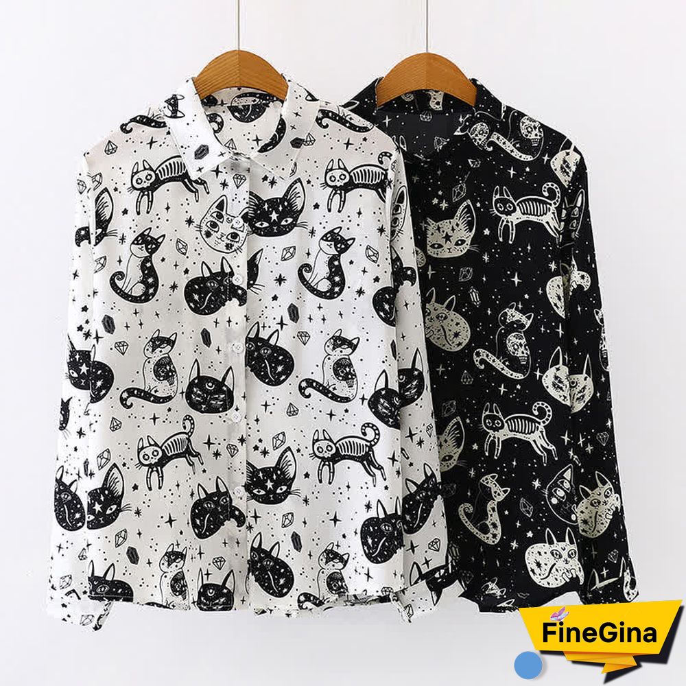 Kitty Print Long Sleeve Lapel Chiffon Shirt