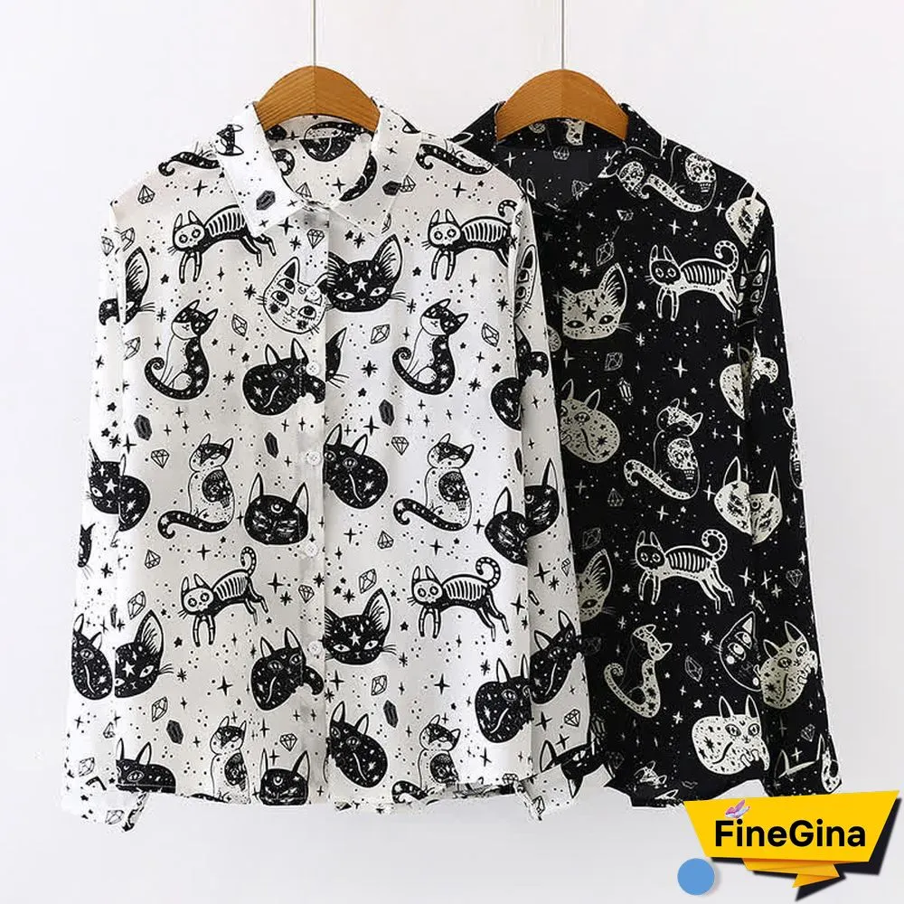 Kitty Print Long Sleeve Lapel Chiffon Shirt