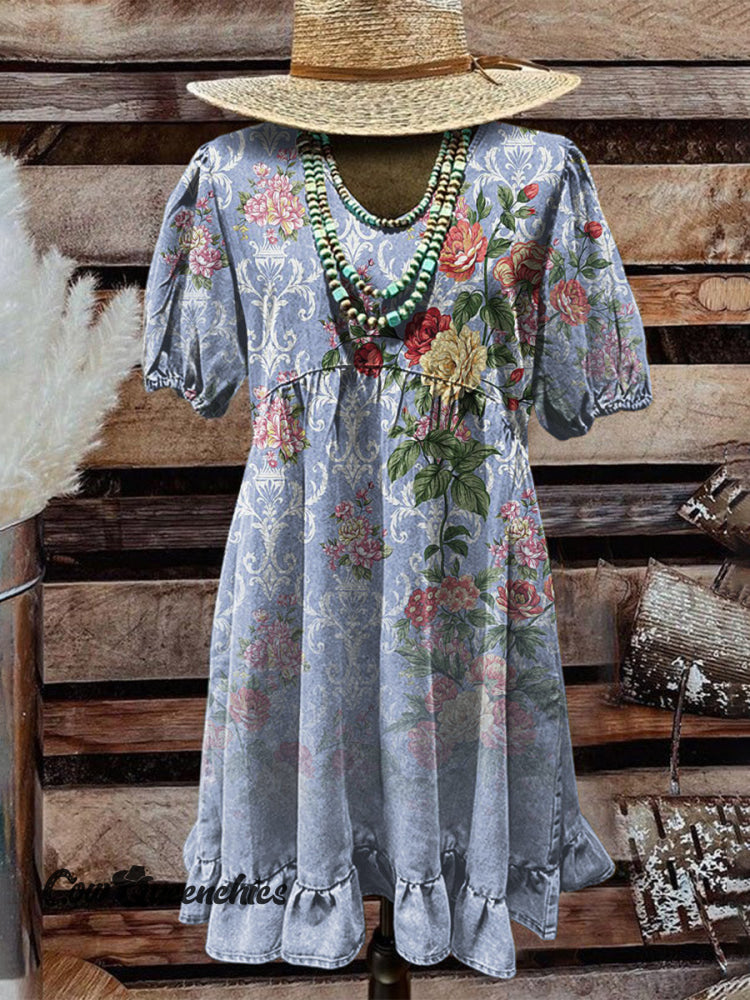 Purple Pattern Flowers Women’s Print Pocket Cotton Dress Multicolor / S