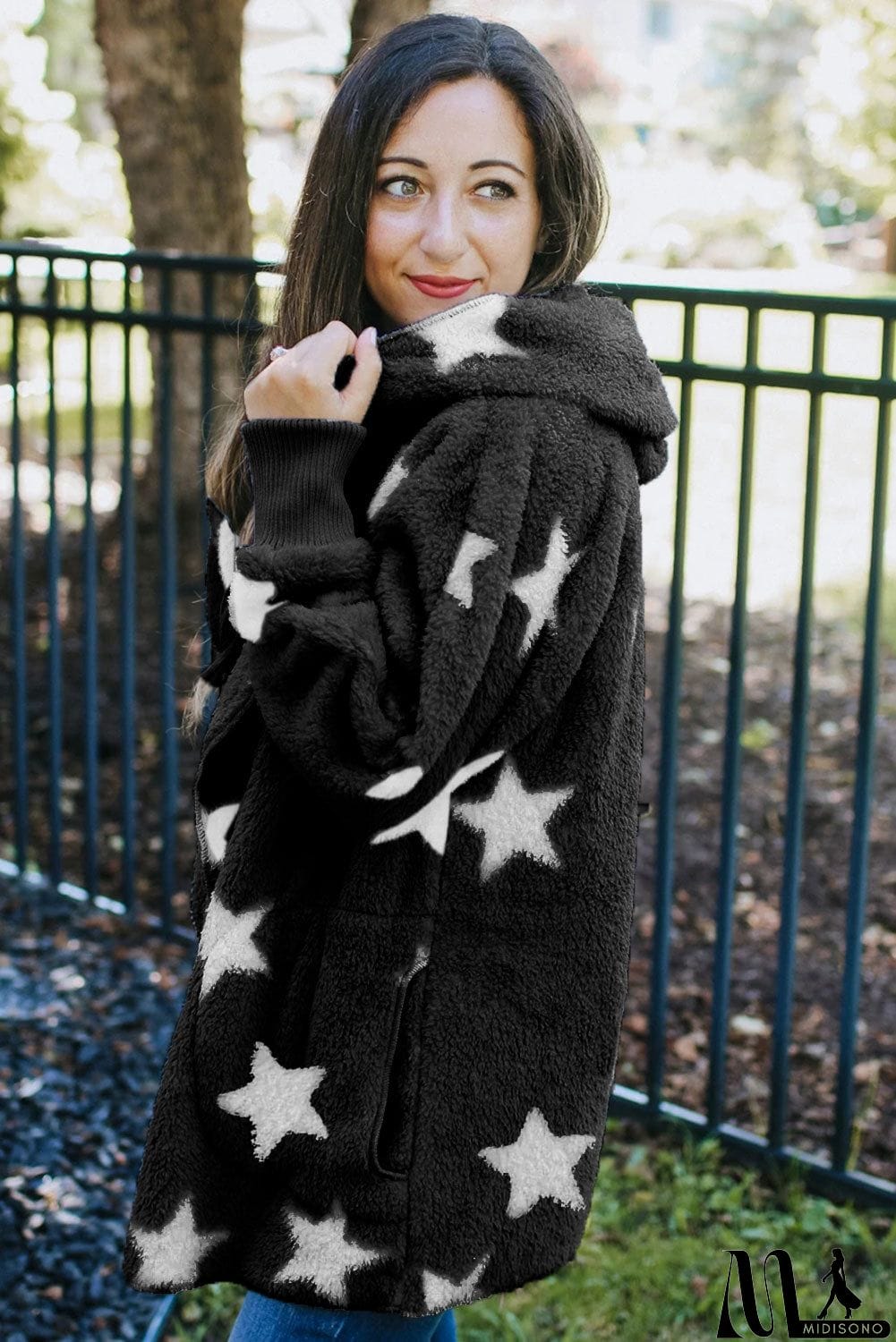 MidiSono - Lapel Collar Scatter Star Fuzzy Coat