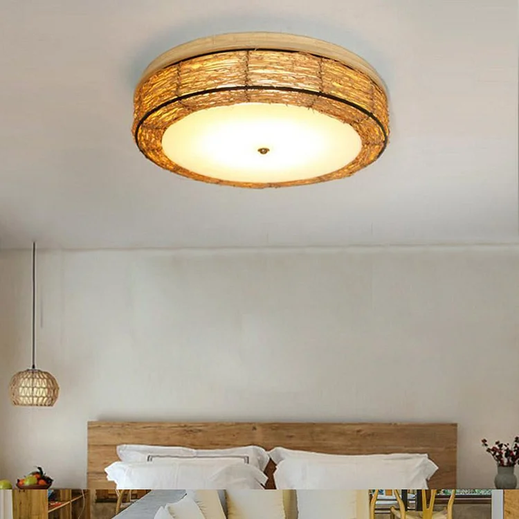 Compact Flush Mount Lighting Covered In Burly wood Wicker - Appledas
