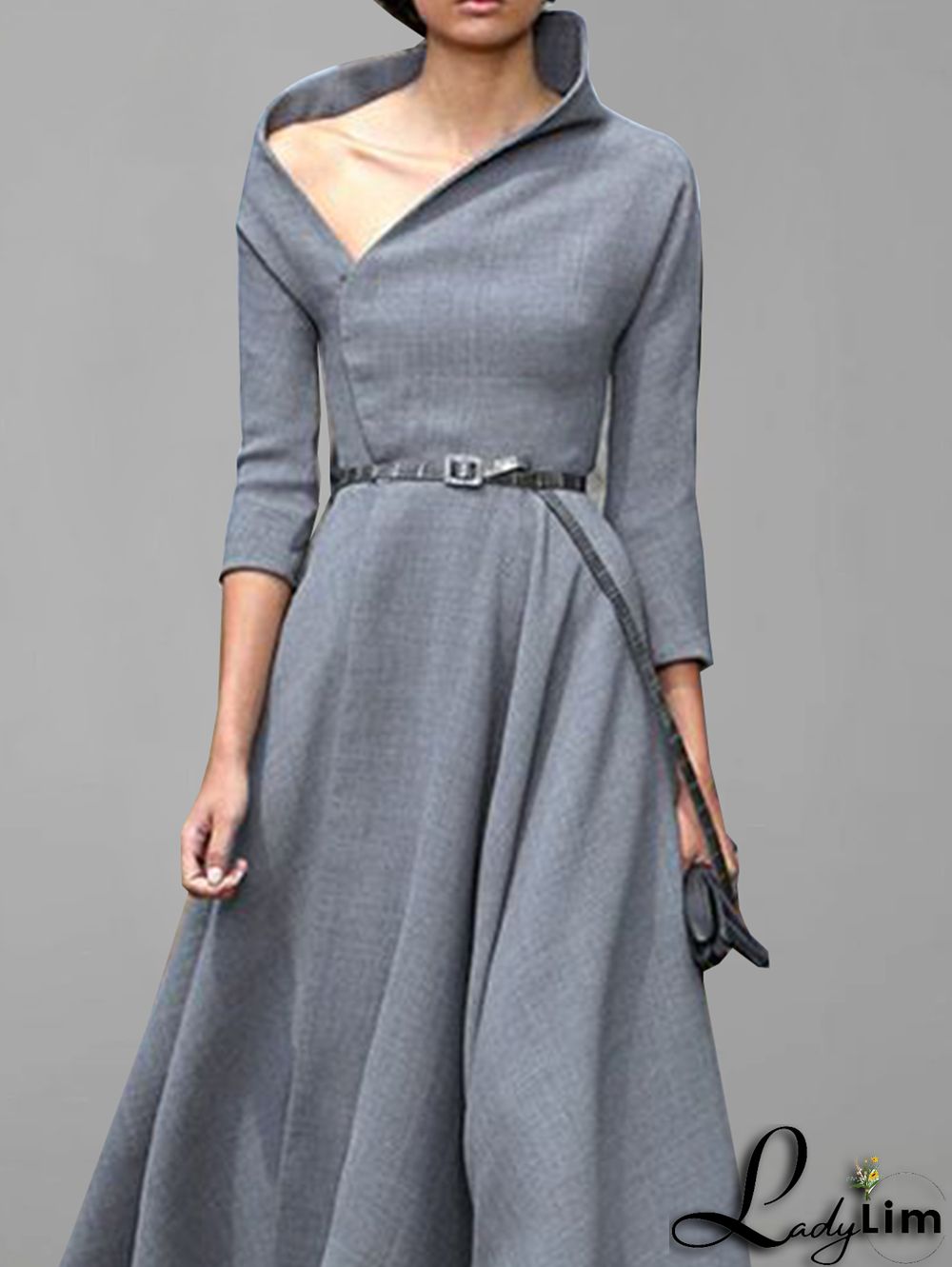 Casual Oblique Collar Solid Half Sleeve Belt Midi Dress