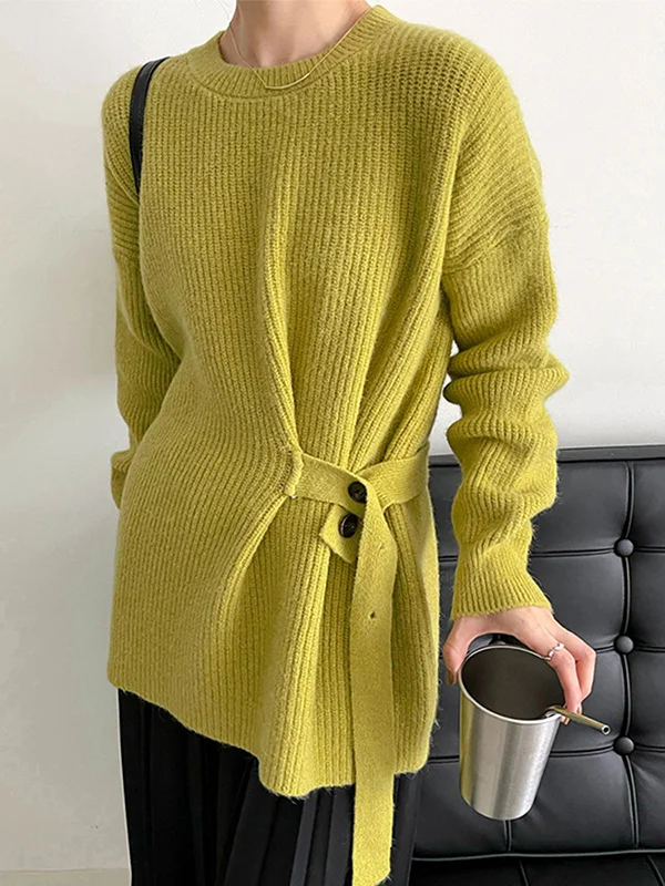 Casual Long Sleeves Loose Solid Color Round-Neck Sweater Tops