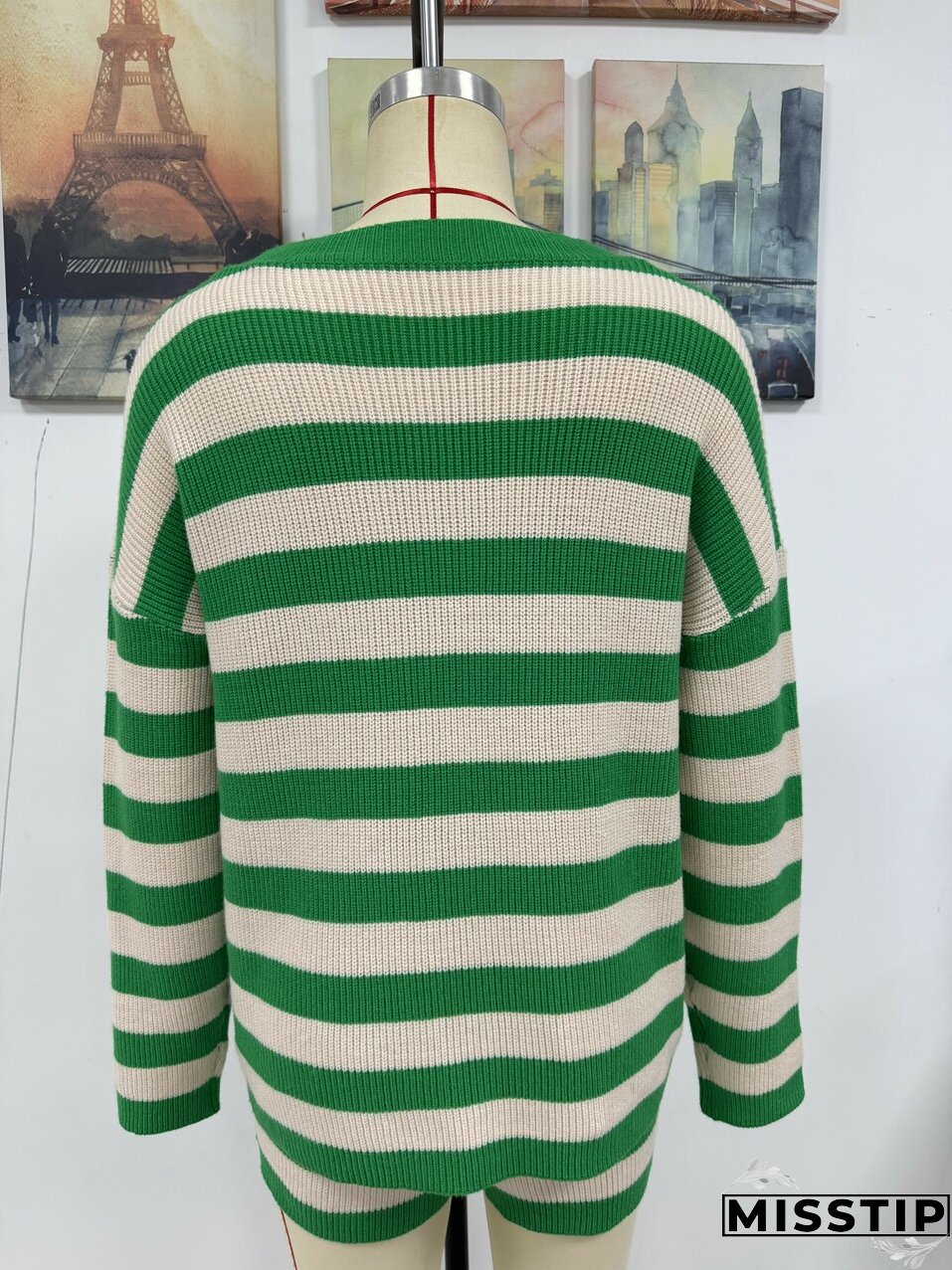 Women Stripe Patchwork Round Neck Casual Knitting Sweater and Shorts Two-piece Set