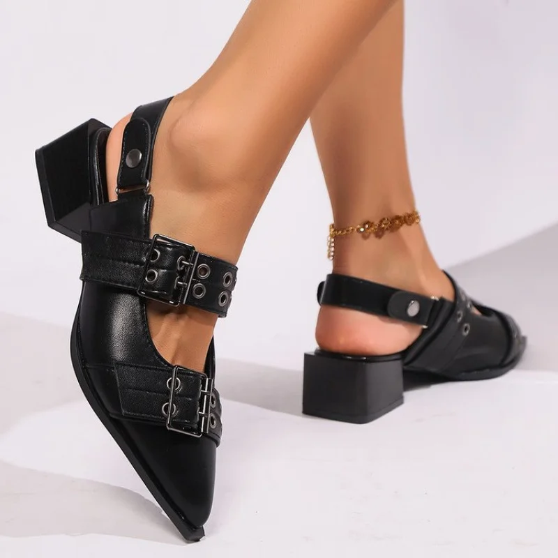 Breakj Breakj Mary Jane Single Shoes Women's Back High Heels 2025 New Coarse Heel Belt Buckle Rivet Tip