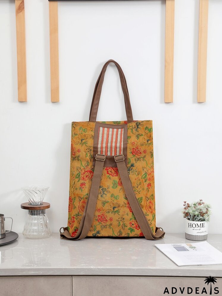 Flower Graphic Striped Tote Bag