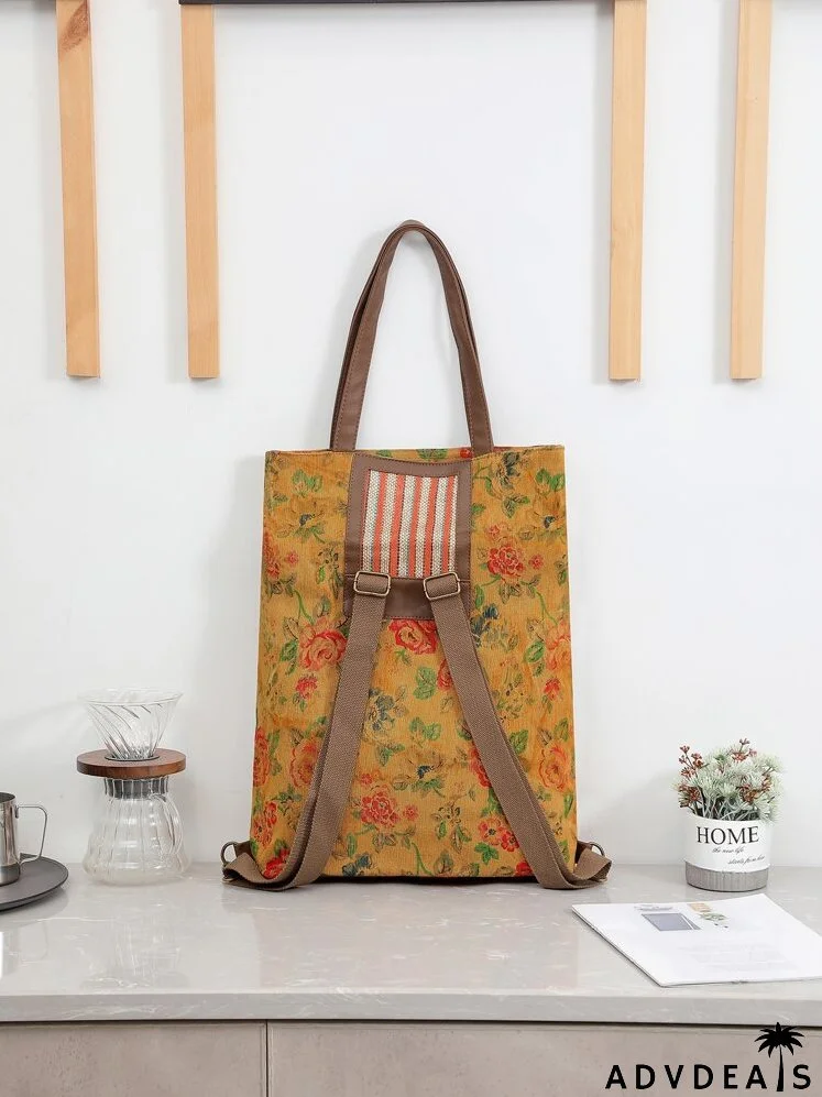 Flower Graphic Striped Tote Bag