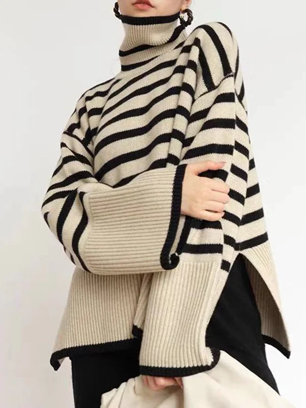 Striped Split-Side Split-Joint Contrast Color Loose Long Sleeves High Neck Sweater Tops