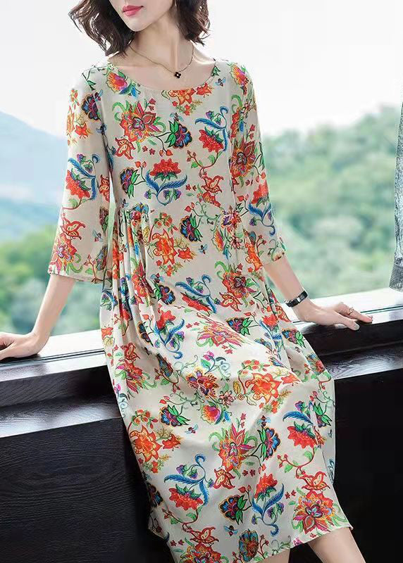 VCSHOES O-Neck wrinkled Print Chiffon Dress Three Quarter sleeve