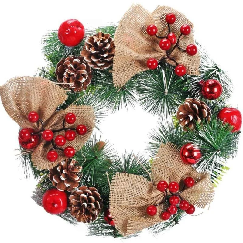 Red Berries Pine Cones Burlap Bow Christmas Wreath Winter Wreath