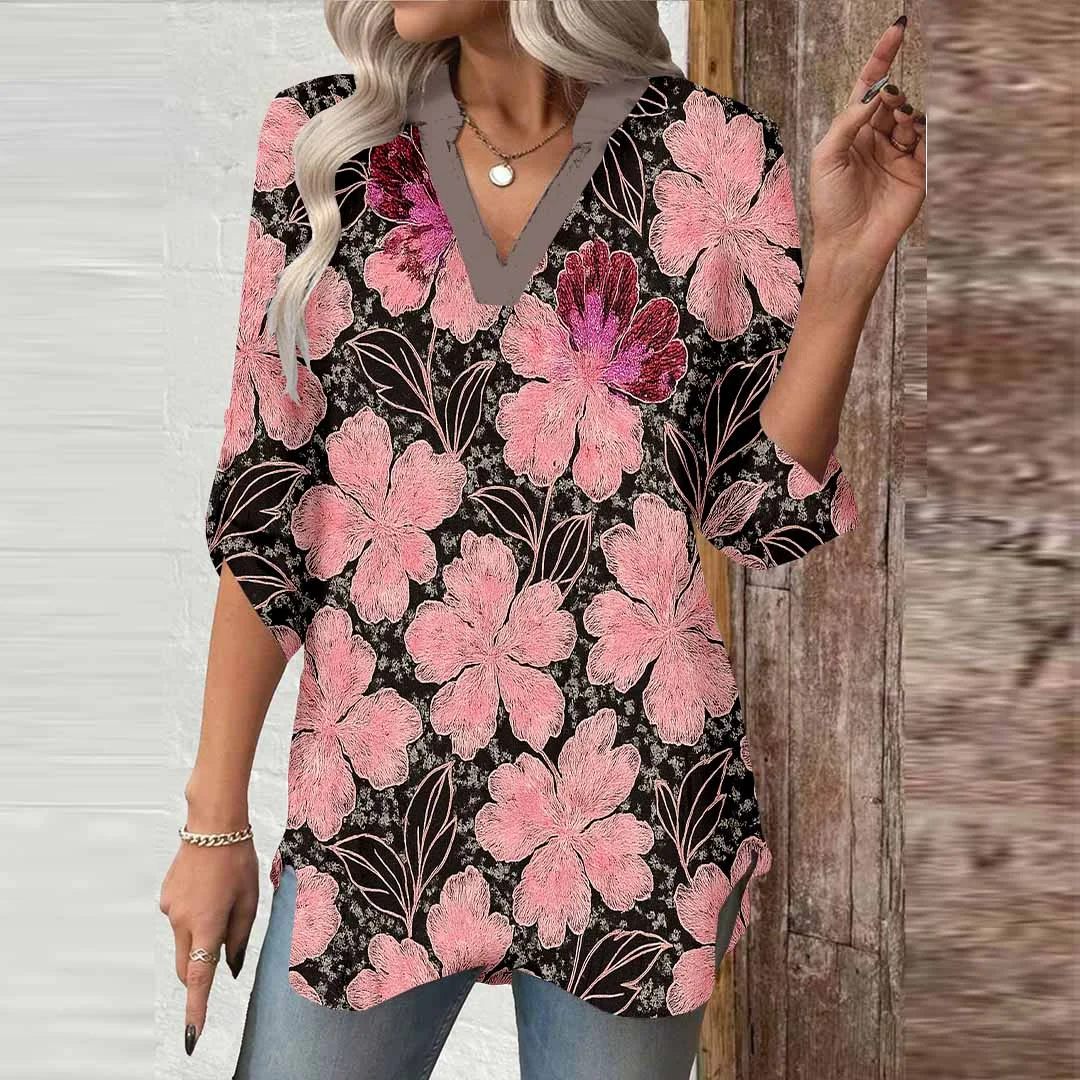 Women Floral, Black, White, Pink DZGA0139 3/4 Sleeve V-neck Printed Graphic Button Tops