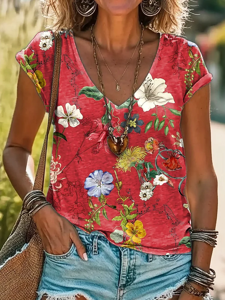 Women's Retro Flower Print 100%Cotton V-neck T-Shirt