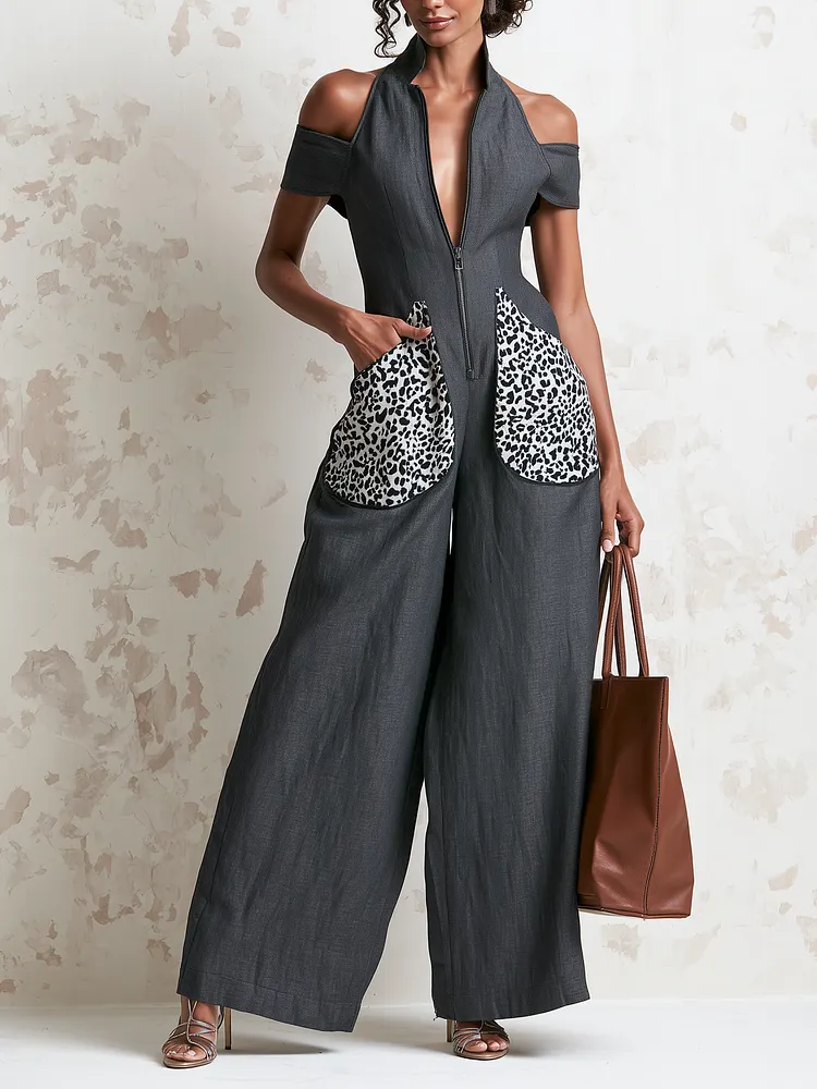Halter Cold Shoulder Zip Front Leopard Patch Pocket Wide Leg Linen Jumpsuit