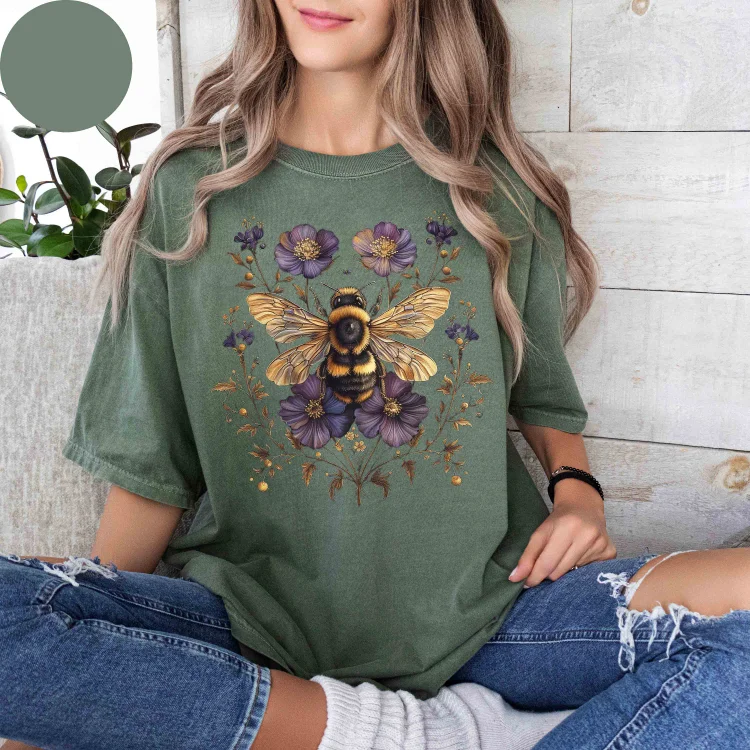 Wearshes Women's Vintage Floral Bee Farmer Casual T-Shirt