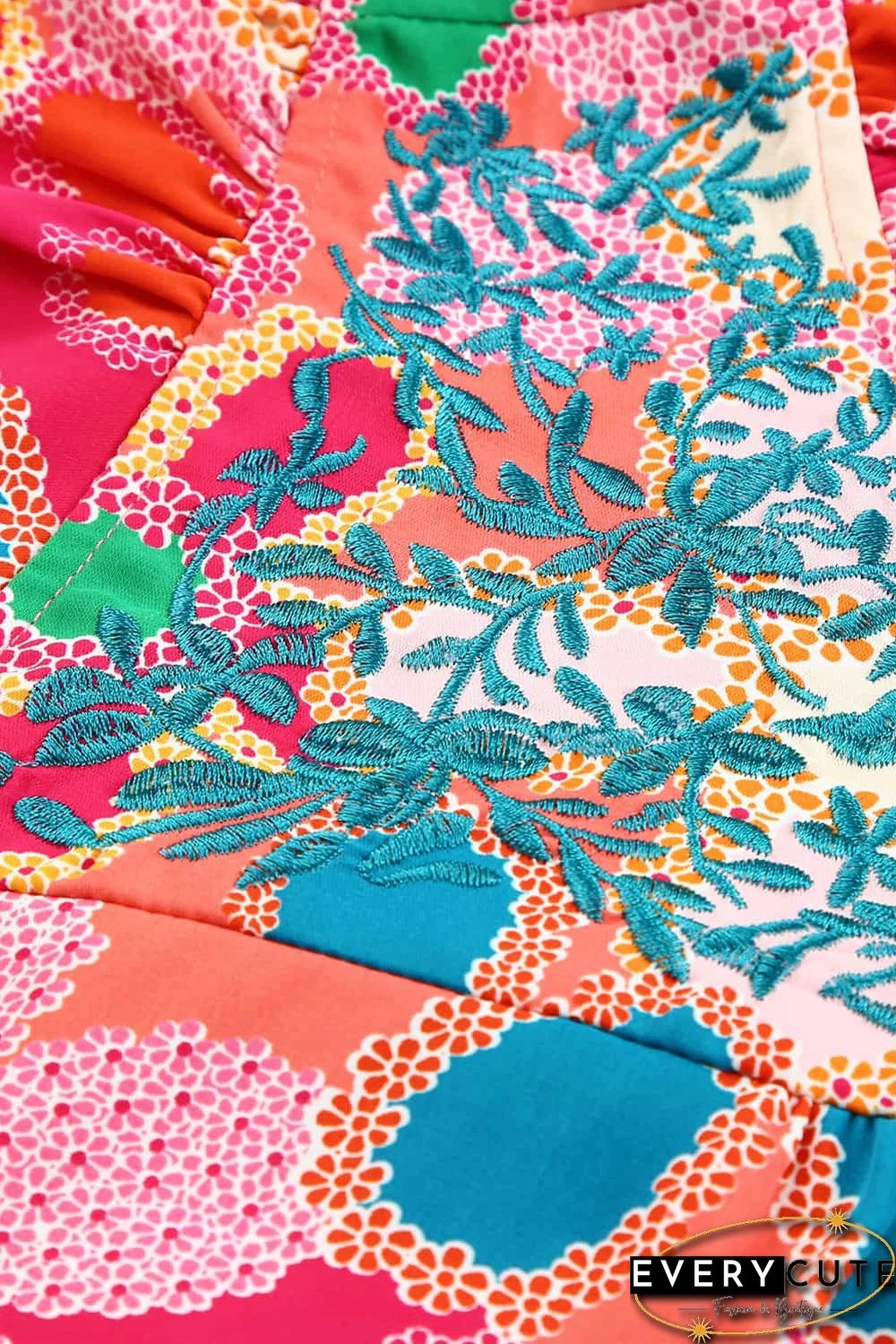 Pink Embroidered Detail Floral Print Ruffle Trim Tank Top