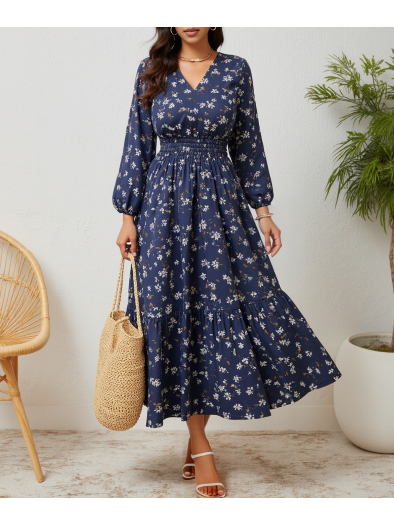 Women's Vintage Elegant Navy Blue Floral Print Maxi Dress With V-Neck & Waist Ruching - Long Sleeve A-Line Silhouette For Fall Winter Vacation, Date Night, Office Commute - Wrinkle-Resistant Elegant Party & Everyday Dress