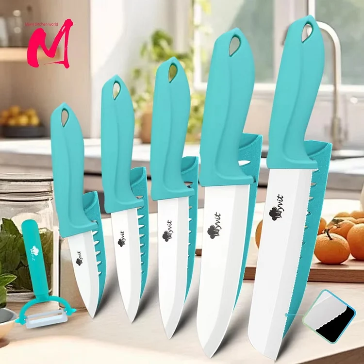 MYVIT Kitchen Ceramic Knife Set with Knife Sheath and Peeler, Sharp 6-inch Serrated Bread Knife Fruit Knife 3-inch, 4-inch, 5-inch
