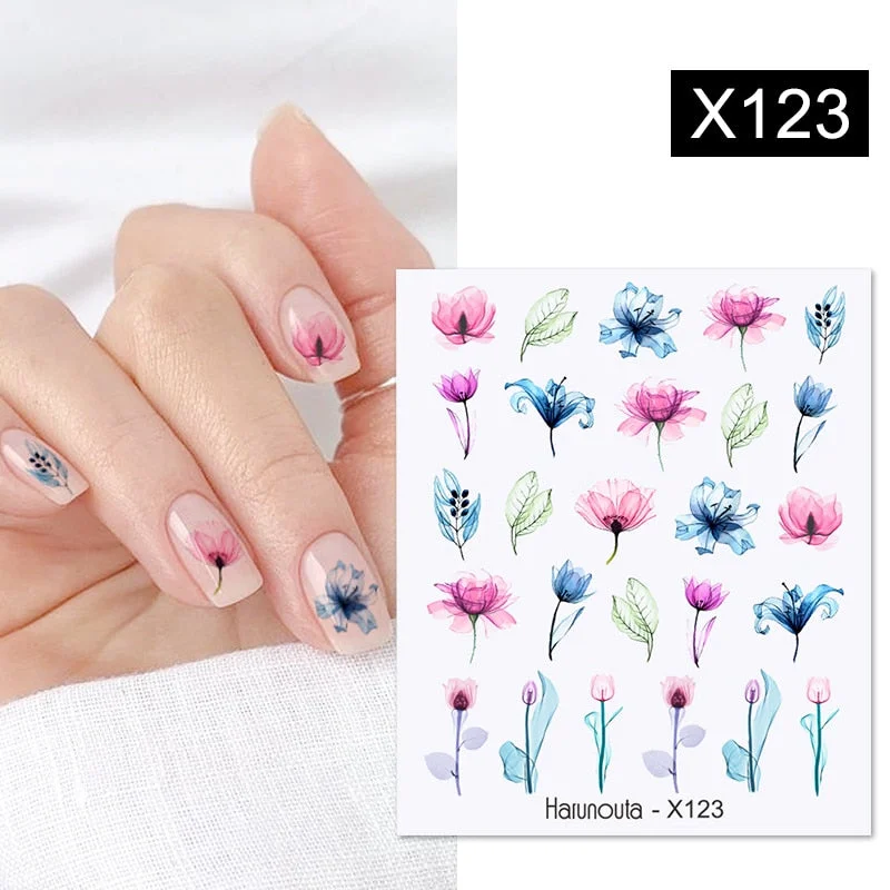 Harunouta Black Lines Flower Leaves Water Decals Stickers Floral Face Marble Pattern Slider For Nails Summer Nail Art Decoration-Nail Inspo