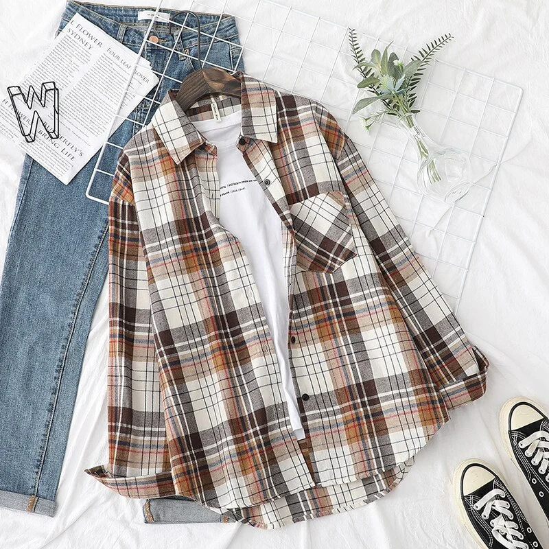 Womens Plaid Shirts Checked Blouses Long Sleeve Female Casual Print Shirts Loose Cotton Lady Tops Outwear Spring Autumn News