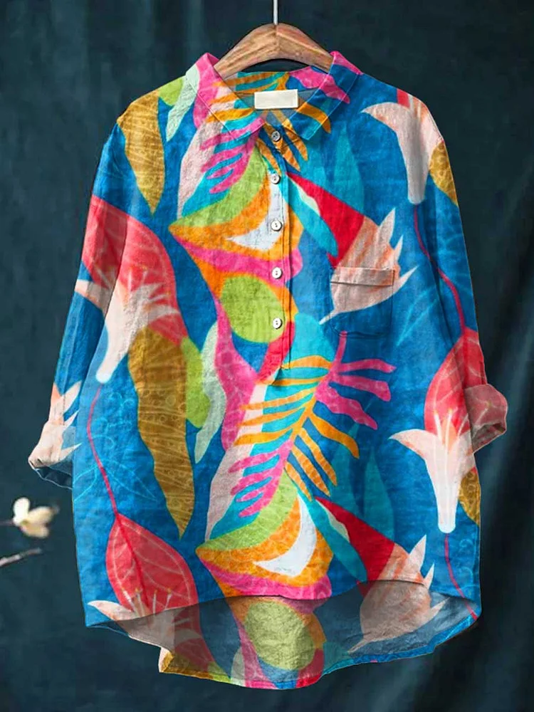 Women's Colorful Spring Flower Garden Print Casual Cotton and Linen Shirt
