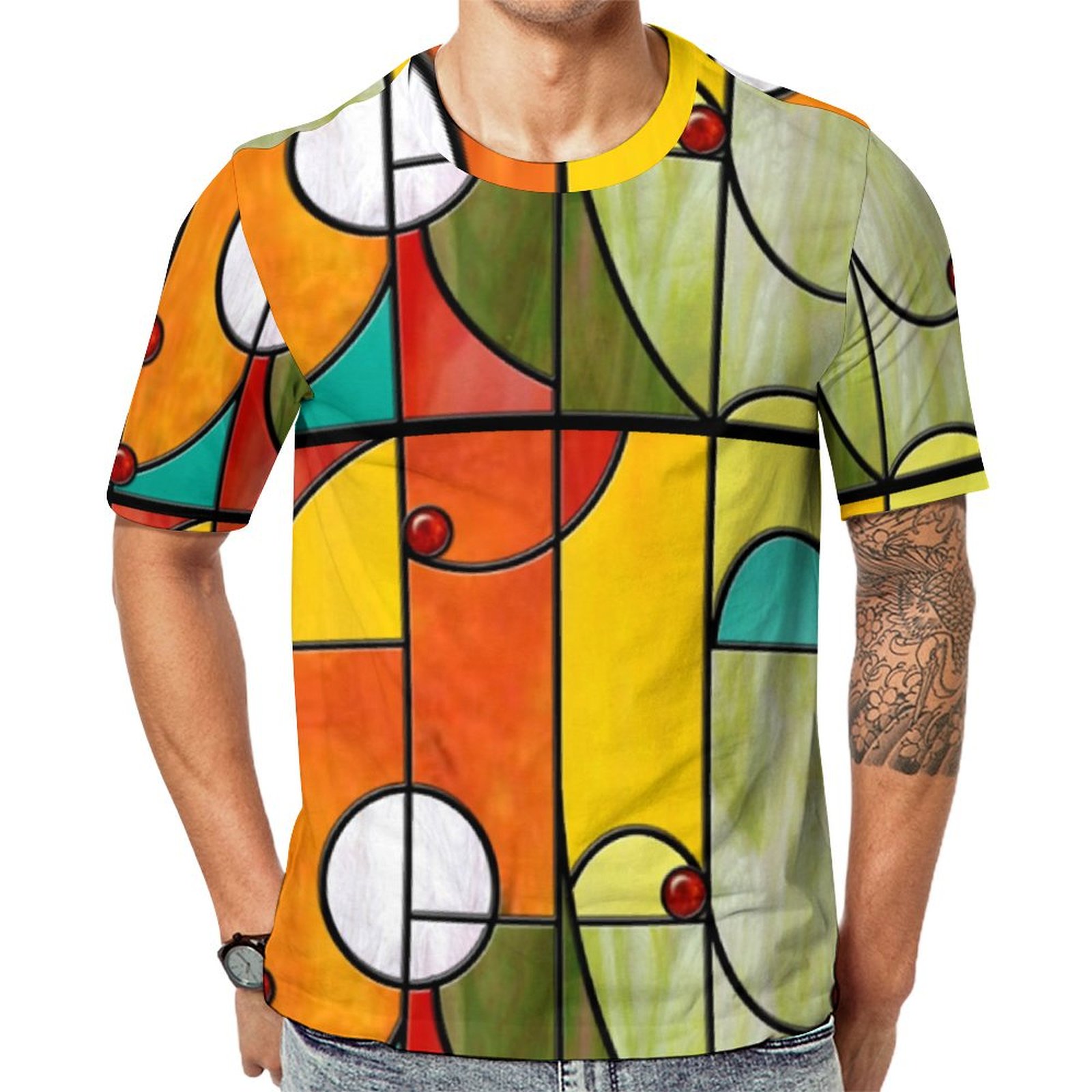 Mission Style Tiffany Faux Stained Glass Short Sleeve Print Unisex Tshirt Summer Casual Tees for Men and Women Coolcoshirts