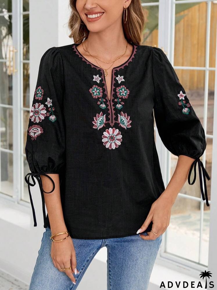 Floral Embroidery Notched Neck Knot Cuff Blouse