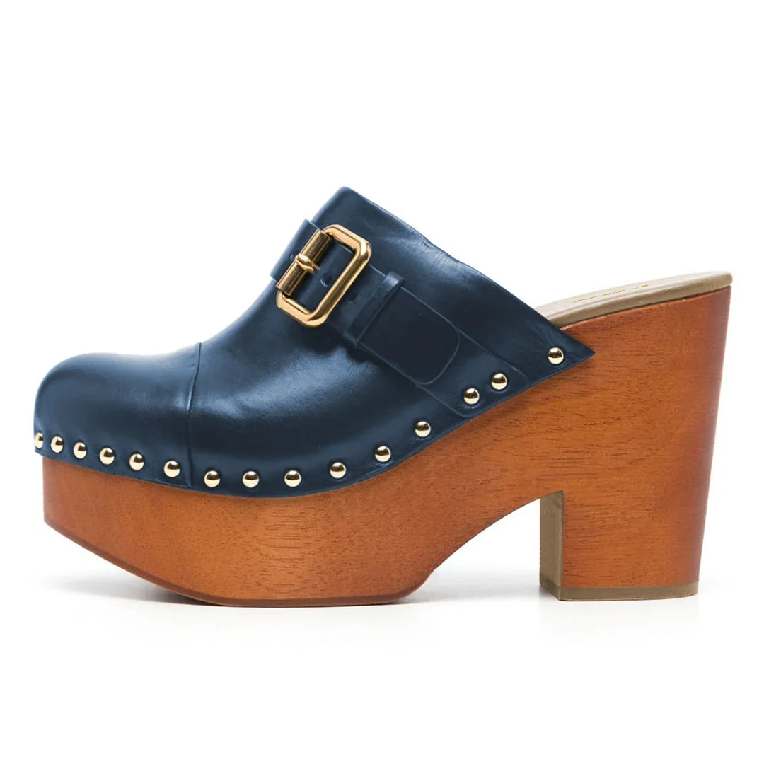 Blue Buckle Strap Round Toe Block Heel Platform Mules Shoes with Studs
