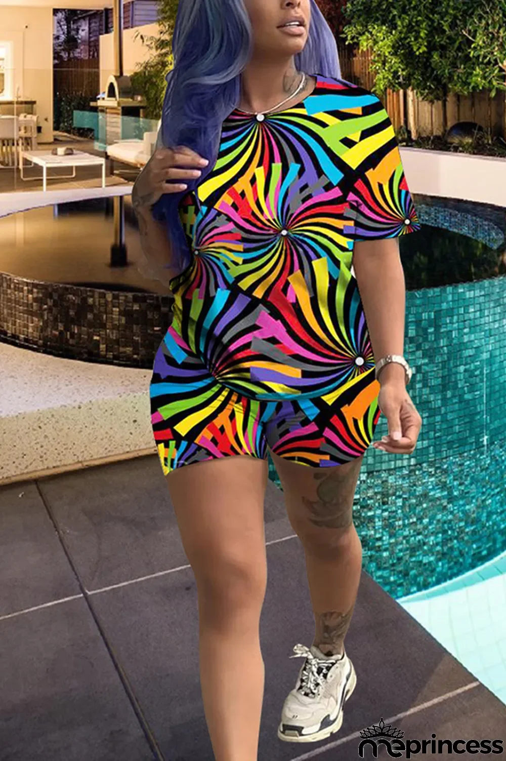 Black Cute Fashion Casual Print Two Piece Suits Geometric Patchwork Gradient Striped Loose Short