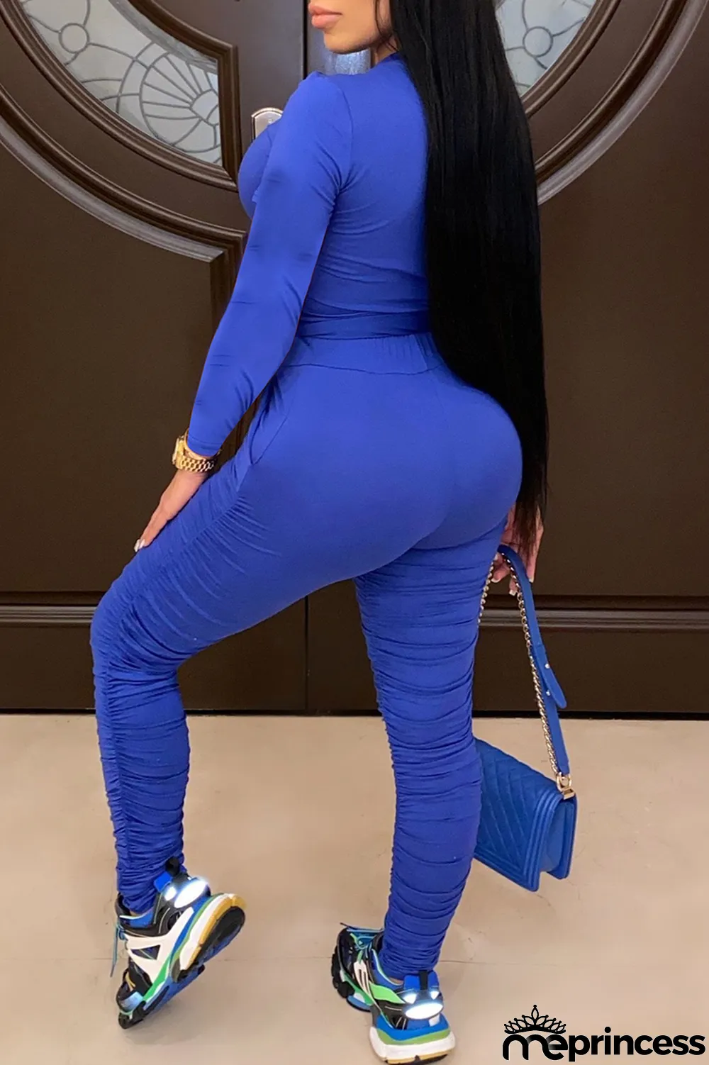 Burgundy Fashion Casual Print Fold O Neck Long Sleeve Two Pieces