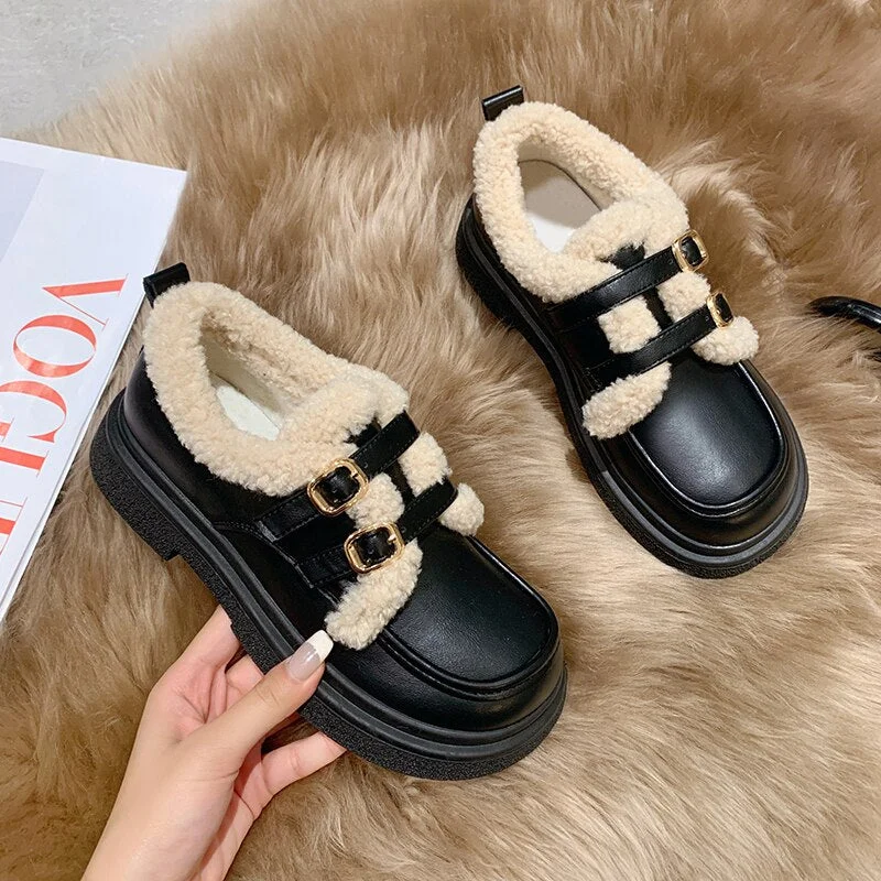 Lourdasprec British Style Small Leather Shoes, Female Students' New Japanese Vintage Plush Warm Cotton Shoes In Autumn and Winter 2023
