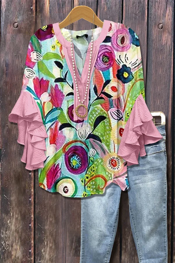 Multi Floral Print Ruffle Sleeve Top