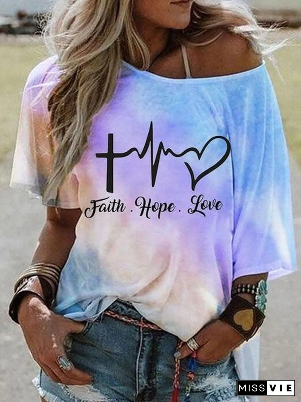 Hot-selling Stylish Tie-dye Gradient Print Short-sleeved Stiletto Off-the-shoulder Top T-shirt