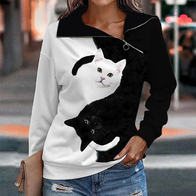 Wearshes Contrast Cat Print Lapel Long Sleeve Sweatshirt