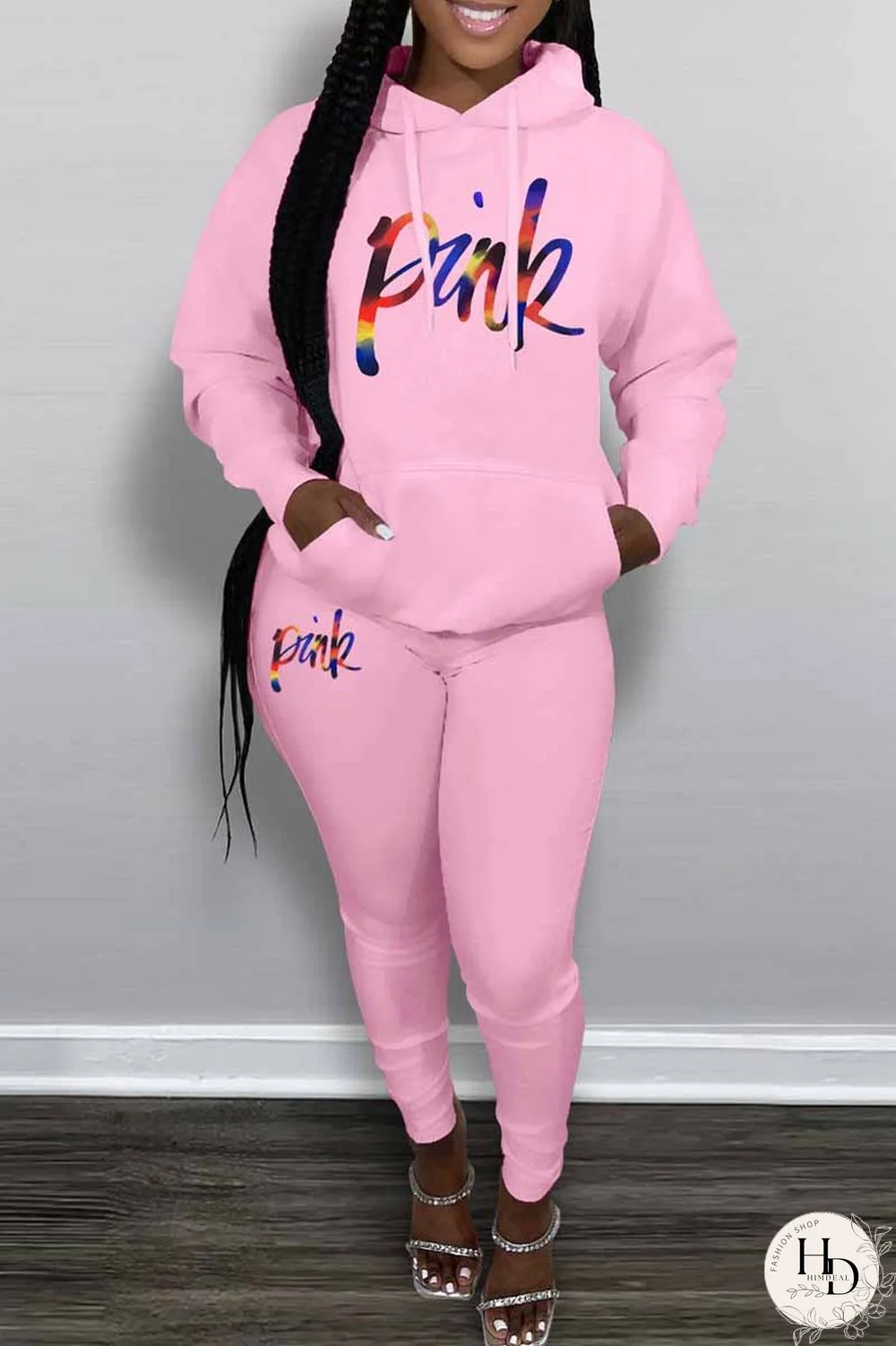 Pink Casual Print Letter Hooded Collar Long Sleeve Two Pieces