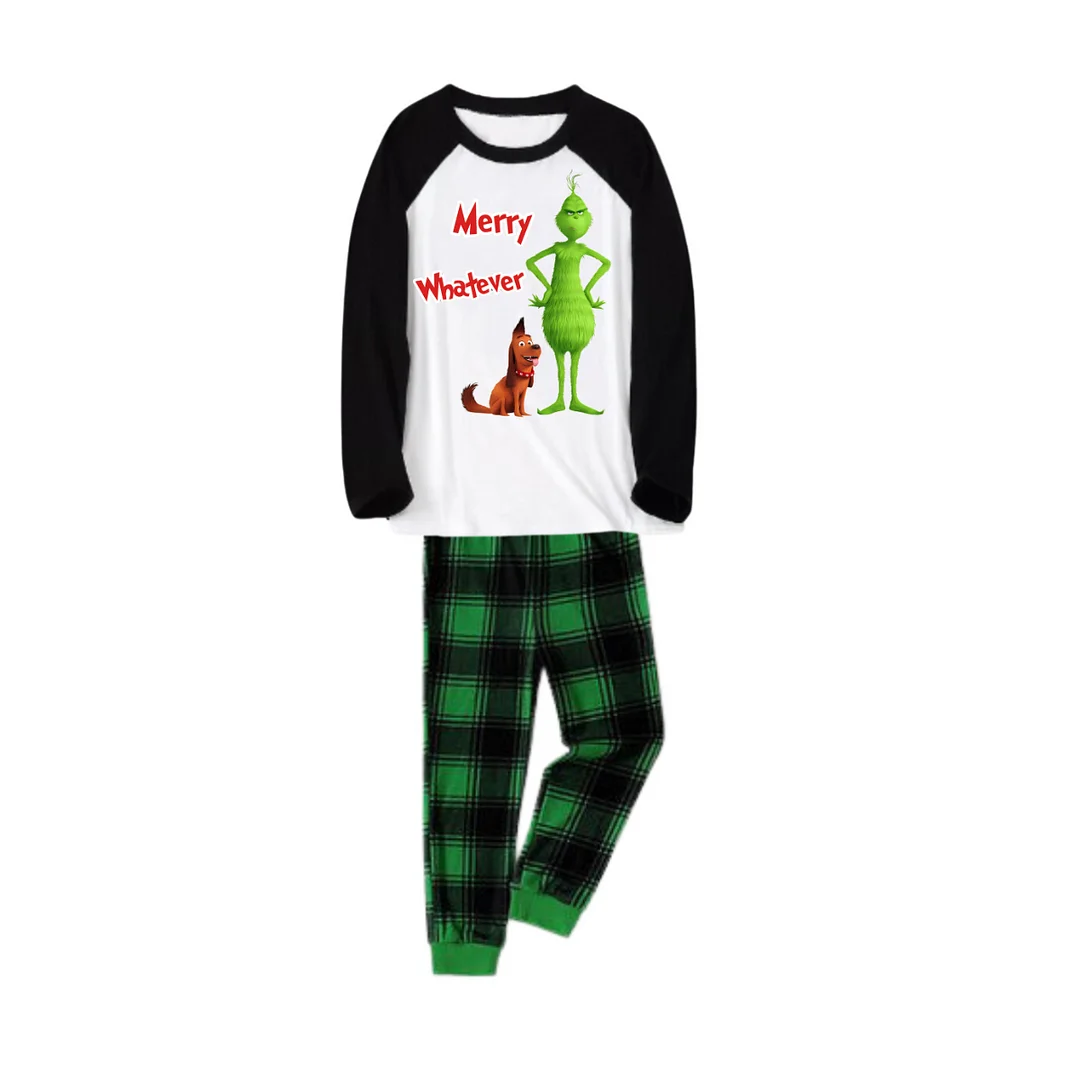 Cartoon Pattern and "Merry Whatever" Printed Green and Black Plaid Christmas Family Pajamas
