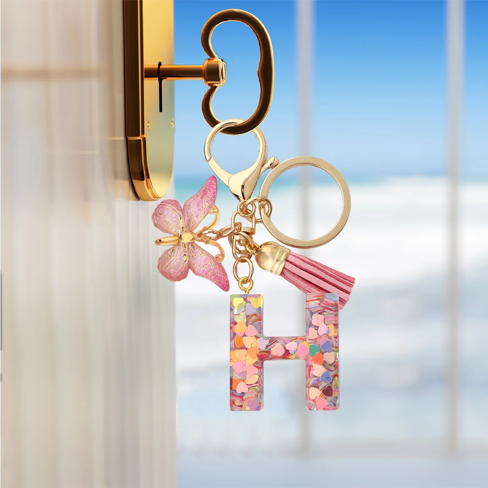 Resin Initial Letter Keychains Alphabet Letter Keychain Pink Tassel Butterfly Key Ring