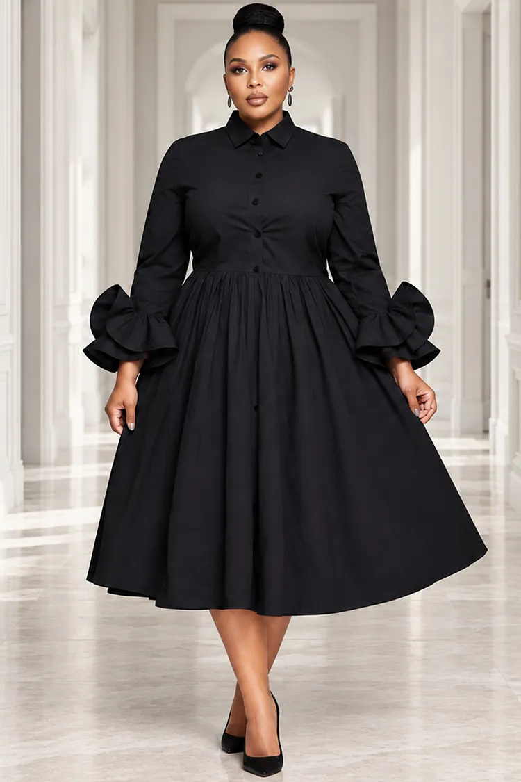Xpluswear Design Plus Size Business Casual Black Shirt Collar Flare Long Sleeve Ruffle Midi Dresses [Pre-Order] 2024 - Xpluswear