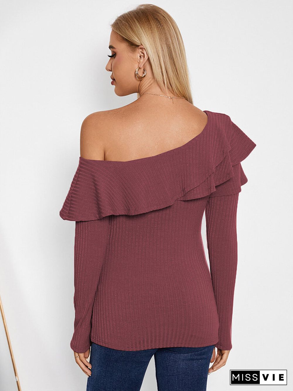 Solid Long Sleeve Off Shoulder Ruffle Knit T-shirt For Women