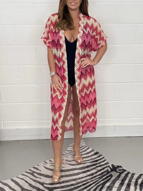 Pink Zig Zag Open Kaftan Cardigan Tops