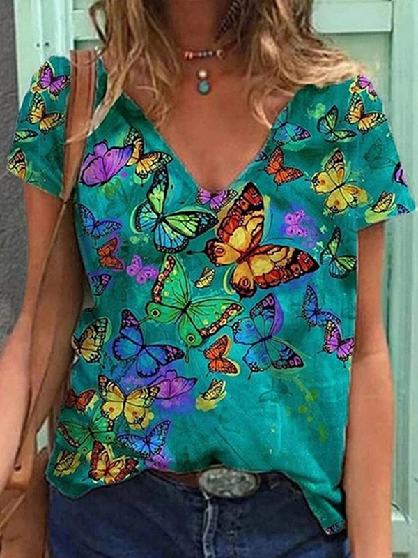 Butterfly Printed Casual T-Neck Tee