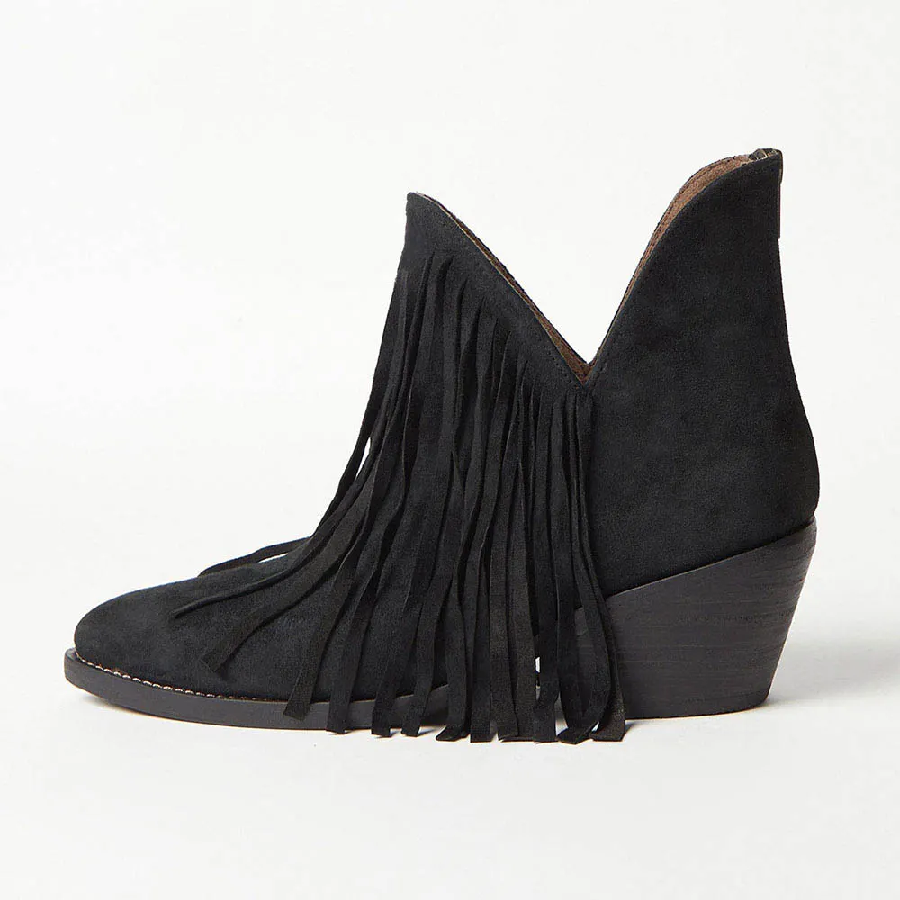 Black Vegan Suede Closed-Toe V-Cut Chunky Heel Fringe Booties